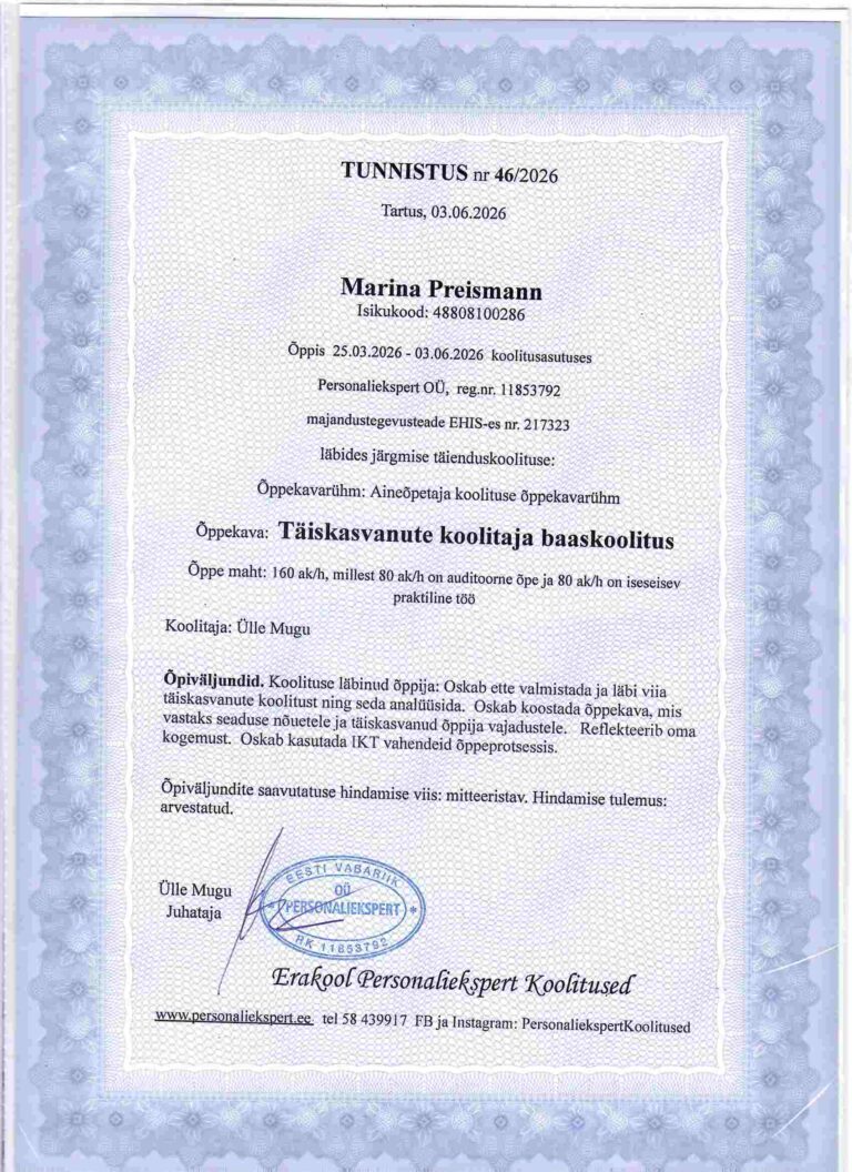 Täiskasvanute koolitajate koolitus - Marina Preismann